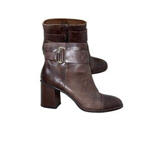 Korks Women's Hanska Booties in Dark Brown Leather Buckle Heeled Distressed 9.5